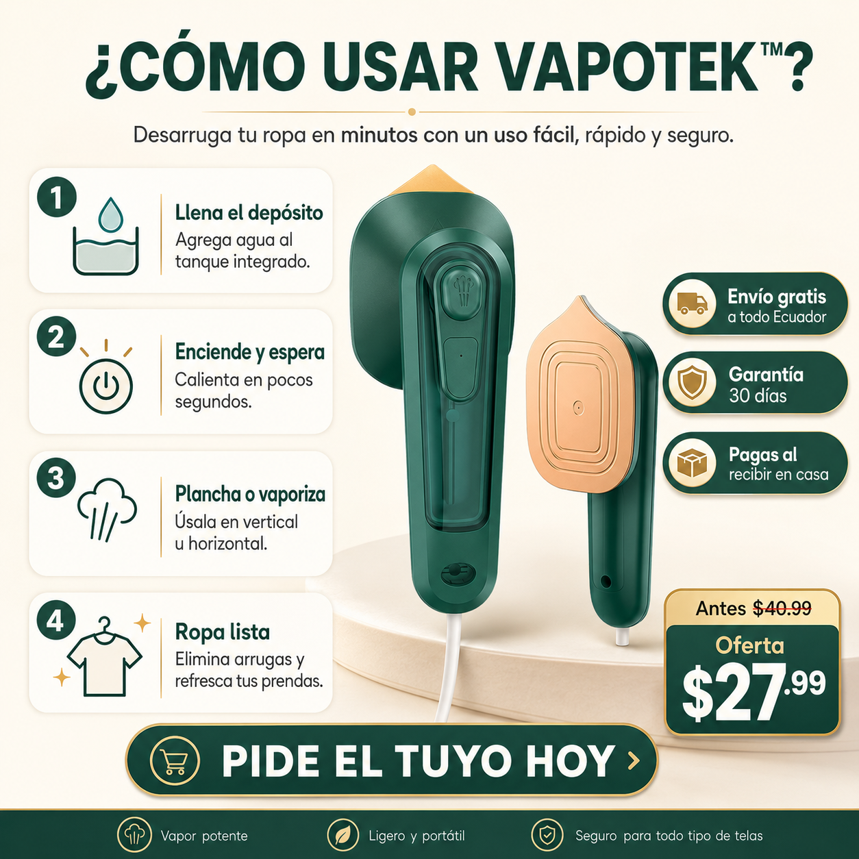 Vapotek™ Mini Plancha Vapor: porque la ropa arrugada no debería robarte la confianza.