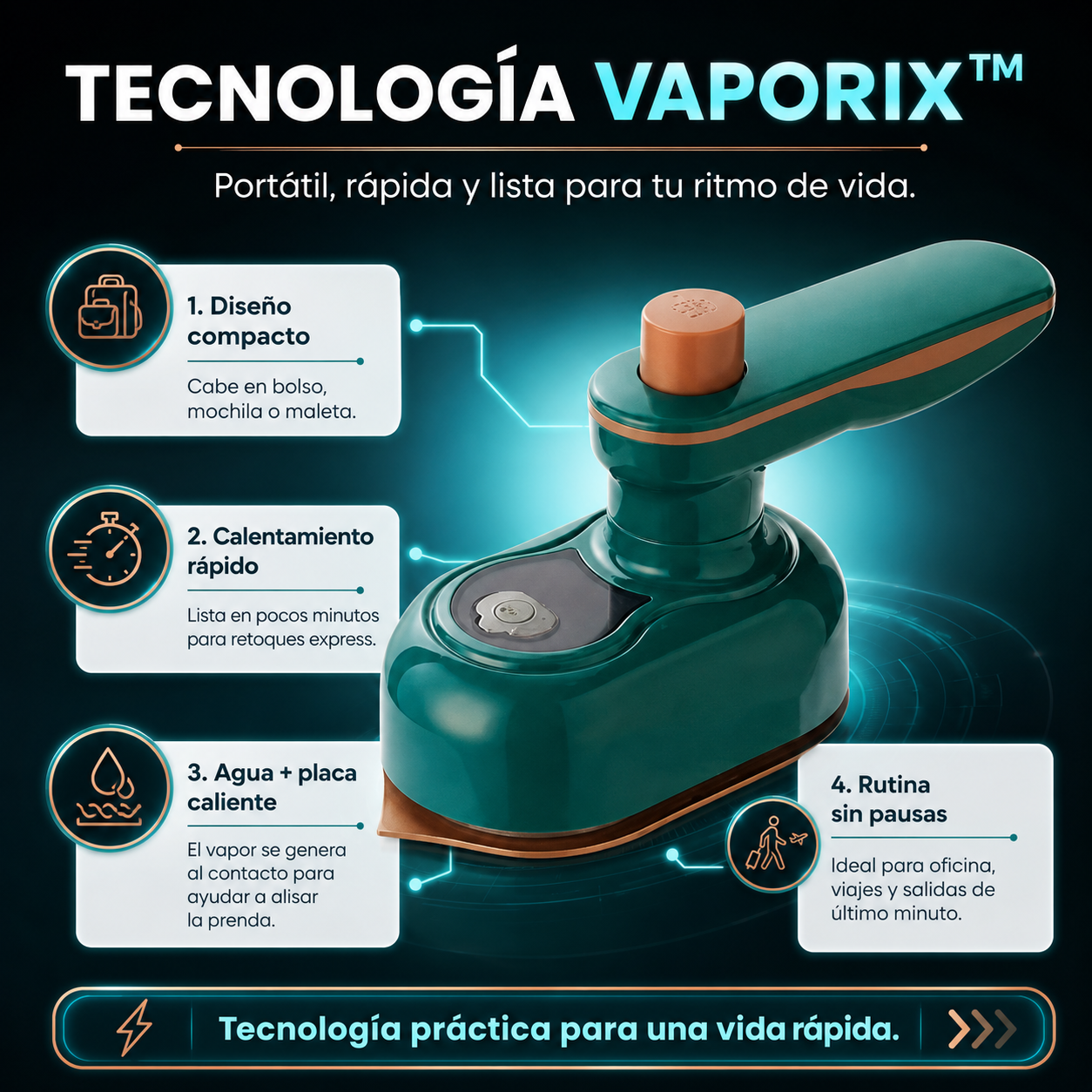 Vaporix™“Luce impecable en minutos, estés donde estés, sin sacar una plancha grande.”