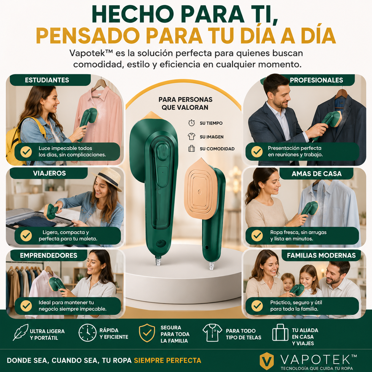 Vapotek™ Mini Plancha Vapor: porque la ropa arrugada no debería robarte la confianza.